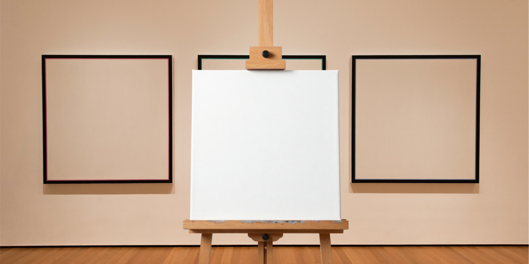 an empty canvas on an easel with a gallery wall background of empty canvases